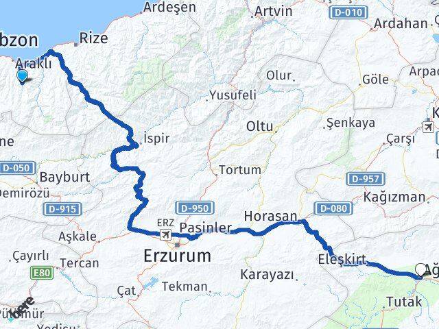 Trabzon Köprübaşı Ağrı Arası Kaç Km - Yol Haritası