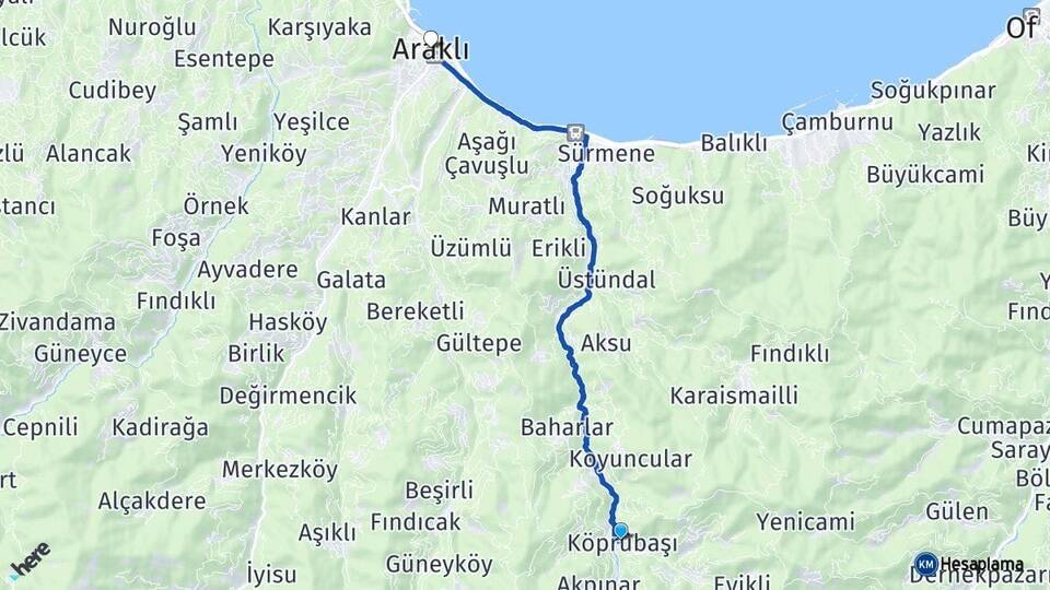 Trabzon Köprübaşı Araklı Arası Kaç Km - Yol Haritası