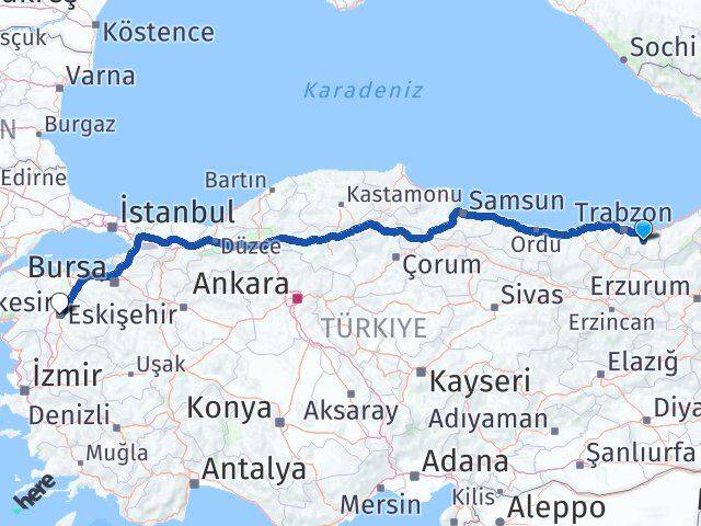 Trabzon Köprübaşı Balıkesir Arası Kaç Km - Yol Haritası