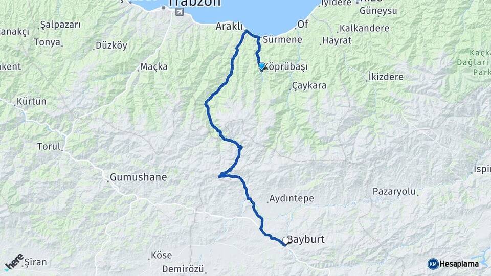 Trabzon Köprübaşı Bayburt Arası Kaç Km - Yol Haritası