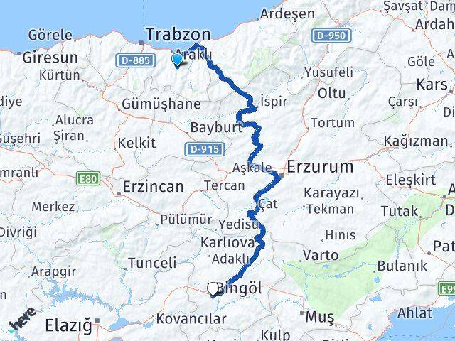 Trabzon Köprübaşı Bingöl Arası Kaç Km - Yol Haritası