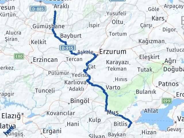 Trabzon Köprübaşı Bitlis Arası Kaç Km - Yol Haritası