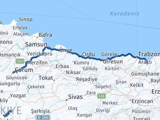 Trabzon Köprübaşı Çorum Arası Kaç Km - Yol Haritası