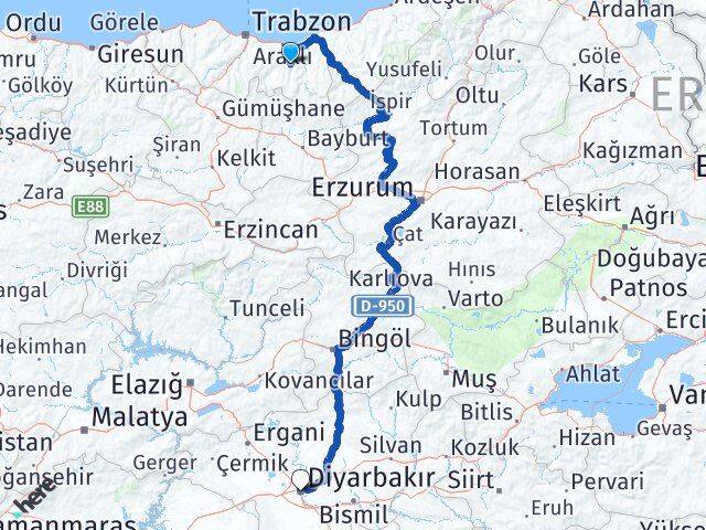 Trabzon Köprübaşı Diyarbakır Arası Kaç Km - Yol Haritası