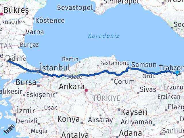 Trabzon Köprübaşı Edirne Arası Kaç Km - Yol Haritası