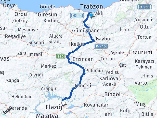 Trabzon Köprübaşı Elazığ Arası Kaç Km - Yol Haritası