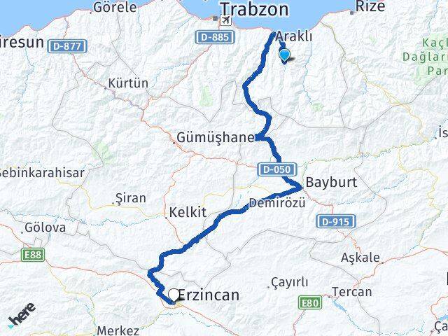 Trabzon Köprübaşı Erzincan Arası Kaç Km - Yol Haritası