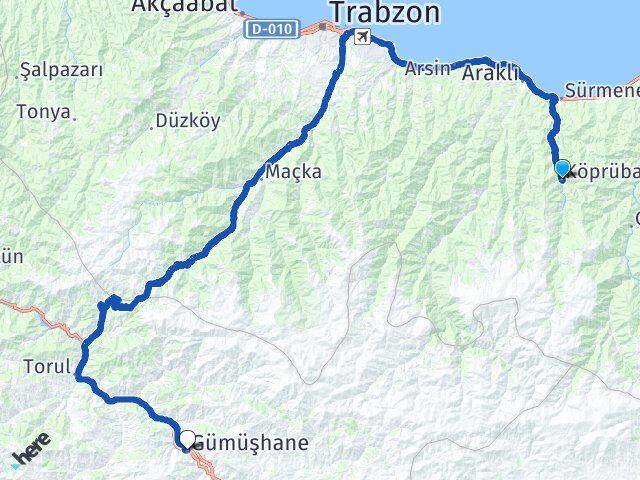 Trabzon Köprübaşı Gümüşhane Arası Kaç Km - Yol Haritası