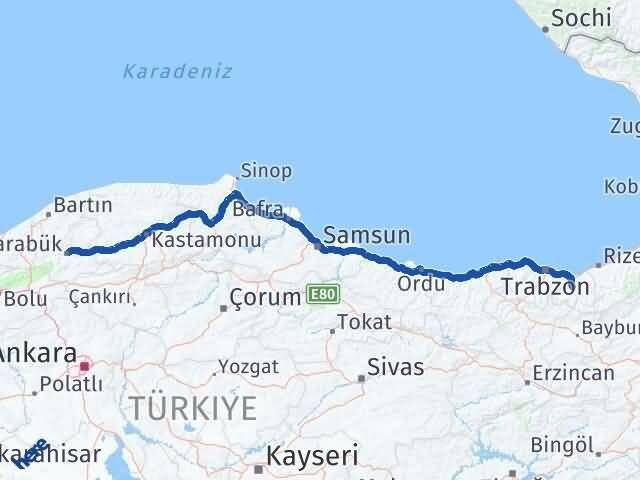 Trabzon Köprübaşı Karabük Arası Kaç Km - Yol Haritası