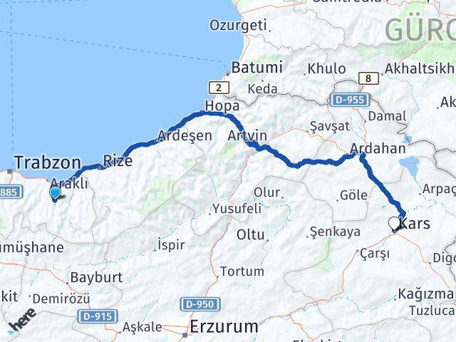 Trabzon Köprübaşı Kars Arası Kaç Km - Yol Haritası