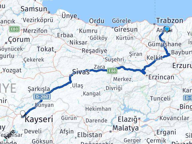 Trabzon Köprübaşı Kayseri Arası Kaç Km - Yol Haritası