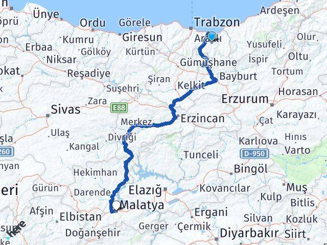 Trabzon Köprübaşı Malatya Arası Kaç Km - Yol Haritası