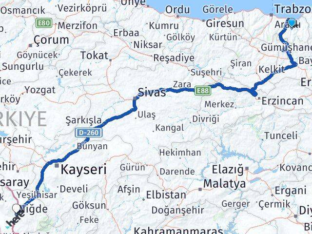 Trabzon Köprübaşı Niğde Arası Kaç Km - Yol Haritası