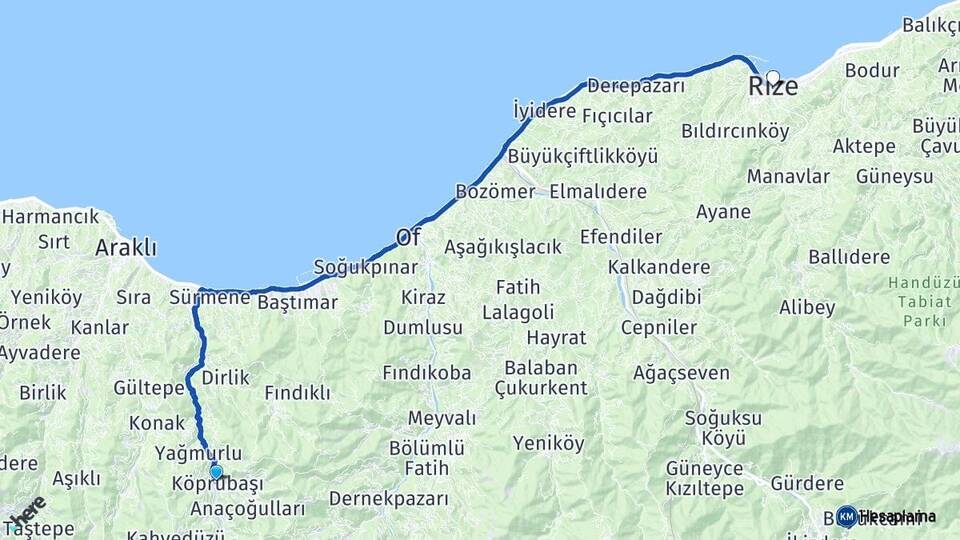 Trabzon Köprübaşı Rize Arası Kaç Km - Yol Haritası