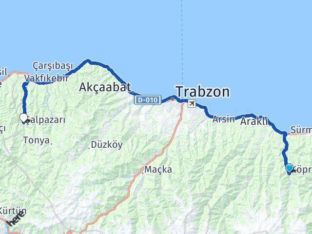 Trabzon Köprübaşı Şalpazarı Arası Kaç Km - Yol Haritası