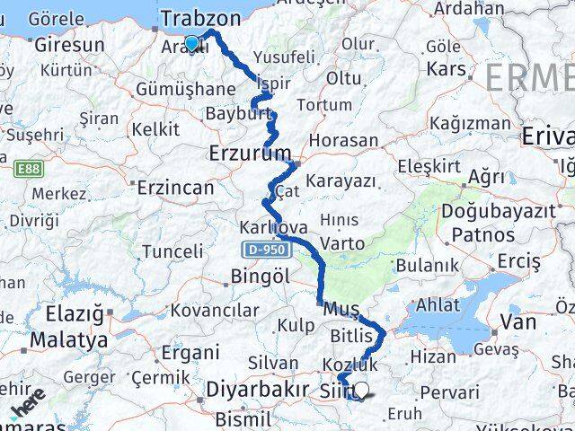 Trabzon Köprübaşı Siirt Arası Kaç Km - Yol Haritası