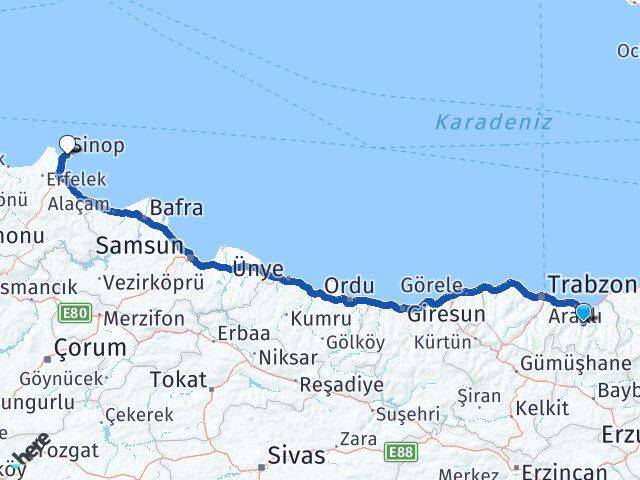 Trabzon Köprübaşı Sinop Arası Kaç Km - Yol Haritası