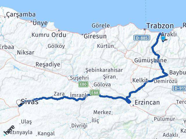Trabzon Köprübaşı Sivas Arası Kaç Km - Yol Haritası