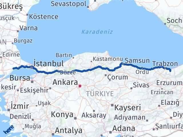 Trabzon Köprübaşı Tekirdağ Arası Kaç Km - Yol Haritası