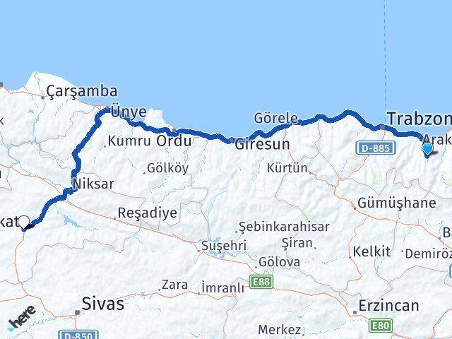 Trabzon Köprübaşı Tokat Arası Kaç Km - Yol Haritası