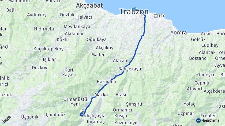 Trabzon Köprüyanı Maçka Arası Kaç Km - Yol Haritası