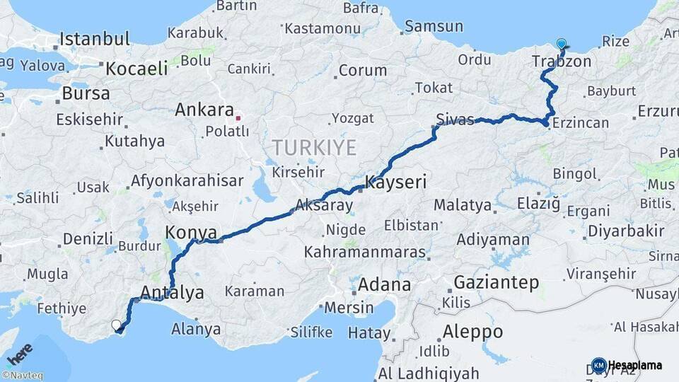 Trabzon Kumluca Antalya Arası Kaç Km - Yol Haritası