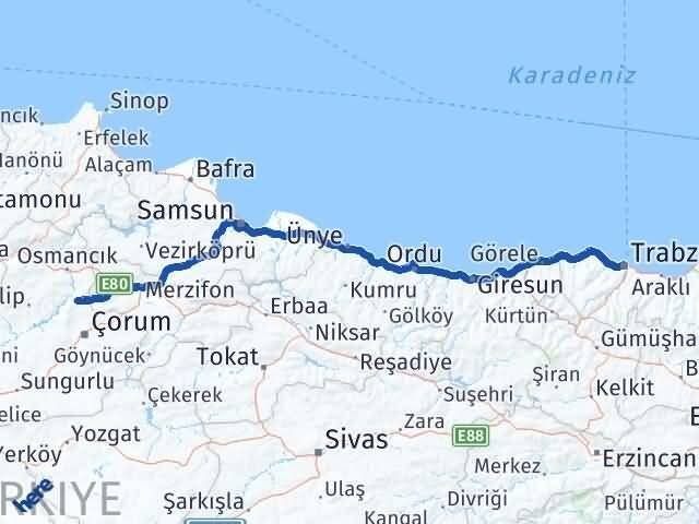 Trabzon Laçin Çorum Arası Kaç Km - Yol Haritası