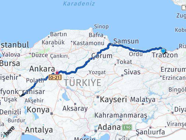 Trabzon Maçka Afyonkarahisar Arası Kaç Km - Yol Haritası