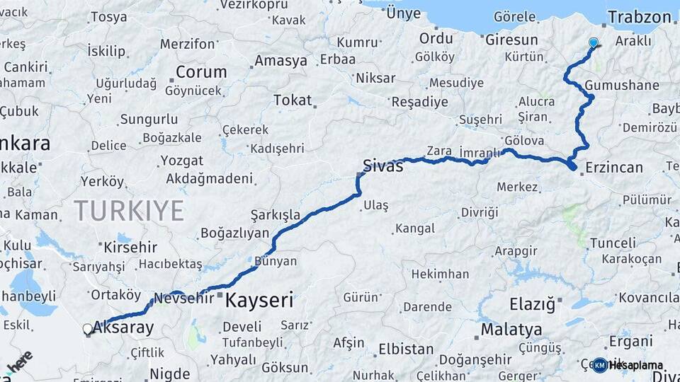 Trabzon Maçka Aksaray Arası Kaç Km - Yol Haritası
