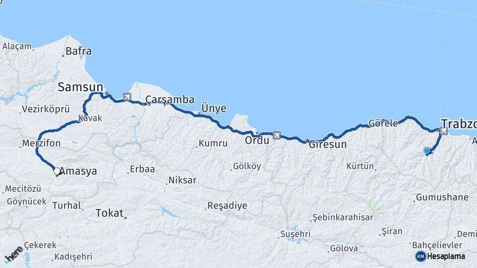 Trabzon Maçka Amasya Arası Kaç Km - Yol Haritası