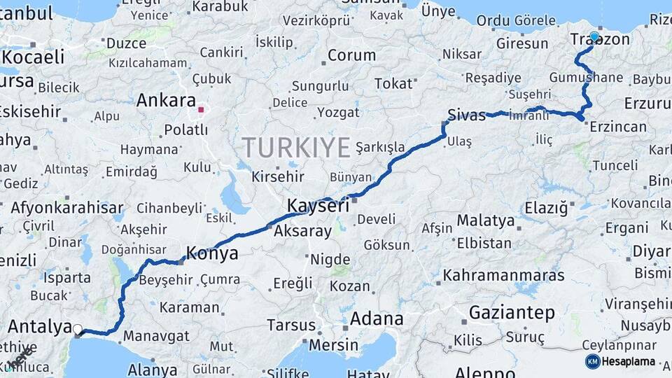 Trabzon Maçka Antalya Arası Kaç Km - Yol Haritası