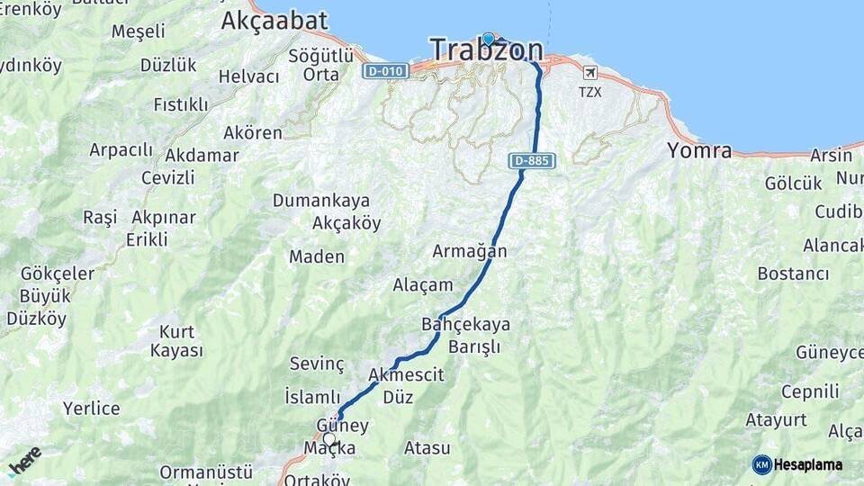 Trabzon Maçka Arası Kaç Km - Yol Haritası