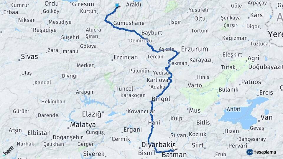 Trabzon Maçka Batman Arası Kaç Km - Yol Haritası