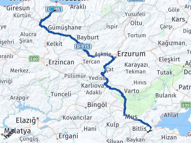 Trabzon Maçka Bitlis Arası Kaç Km - Yol Haritası
