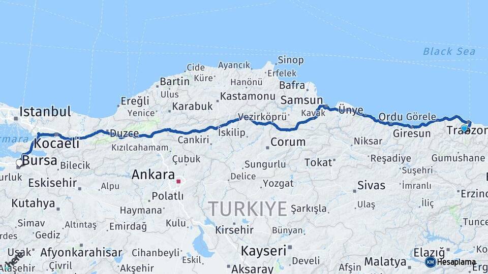Trabzon Maçka Bursa Arası Kaç Km - Yol Haritası