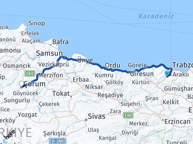 Trabzon Maçka Çorum Arası Kaç Km - Yol Haritası