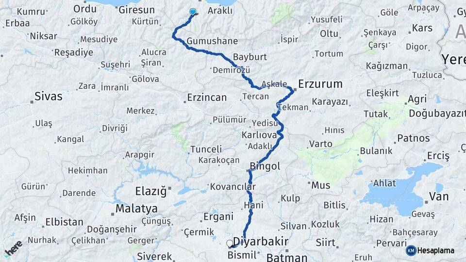Trabzon Maçka Diyarbakır Arası Kaç Km - Yol Haritası