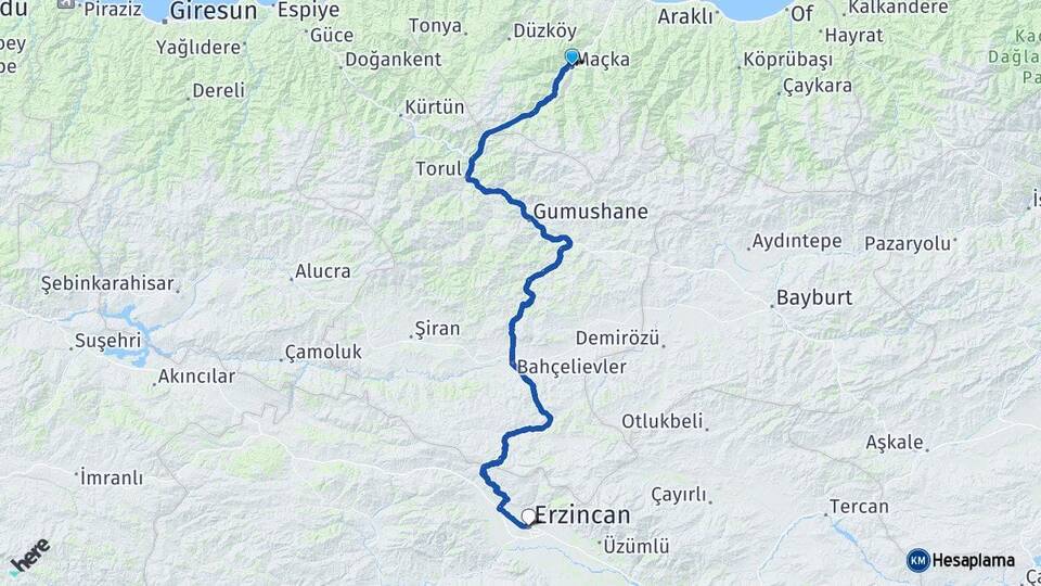Trabzon Maçka Erzincan Arası Kaç Km - Yol Haritası
