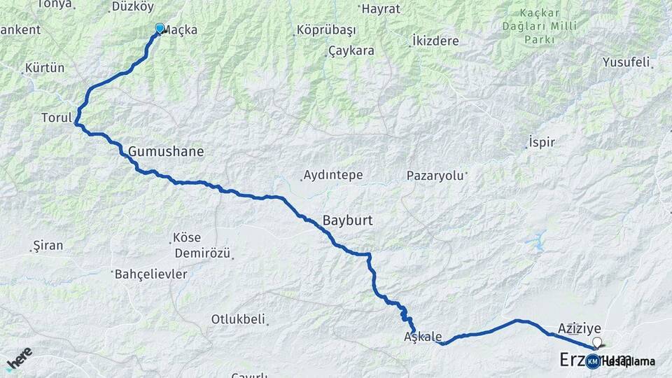 Trabzon Maçka Erzurum Arası Kaç Km - Yol Haritası
