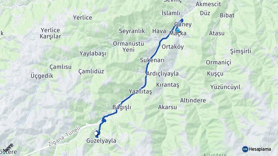 Trabzon Maçka Hamsiköy Maçka Arası Kaç Km - Yol Haritası
