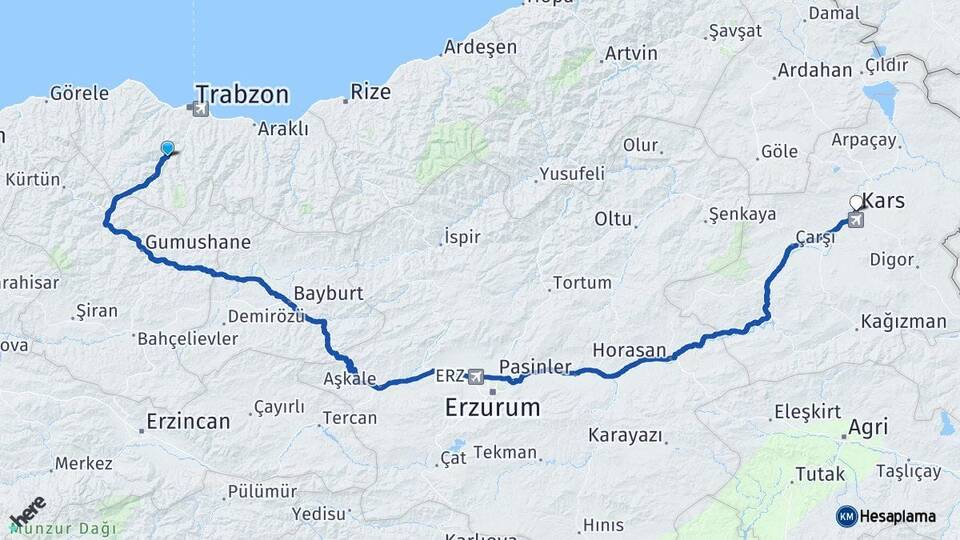 Trabzon Maçka Kars Arası Kaç Km - Yol Haritası