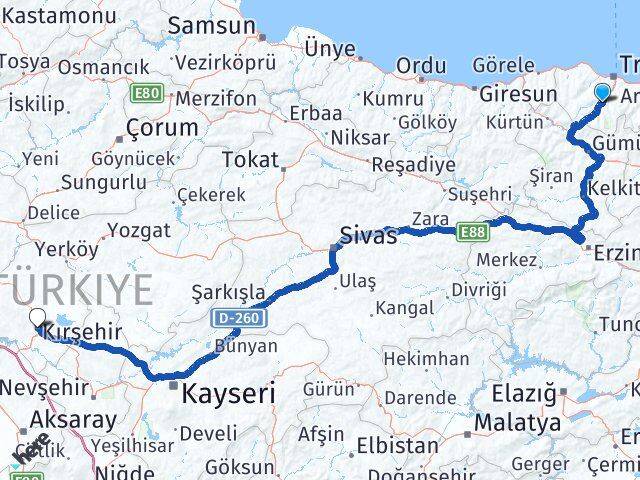 Trabzon Maçka Kırşehir Arası Kaç Km - Yol Haritası
