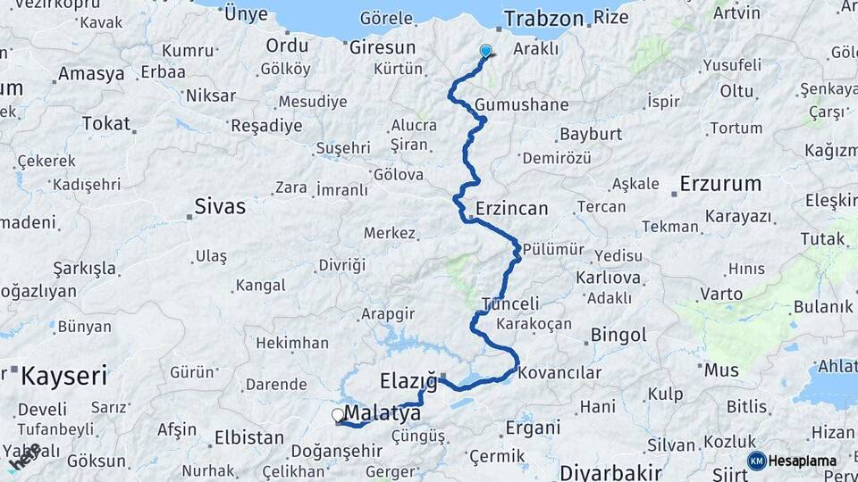 Trabzon Maçka Malatya Arası Kaç Km - Yol Haritası