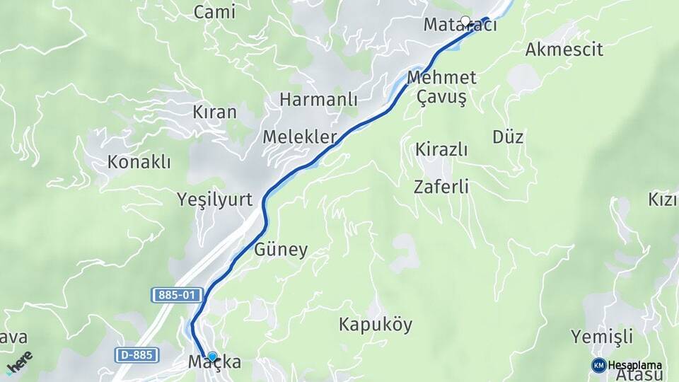 Trabzon Maçka Mataracı Maçka Arası Kaç Km - Yol Haritası