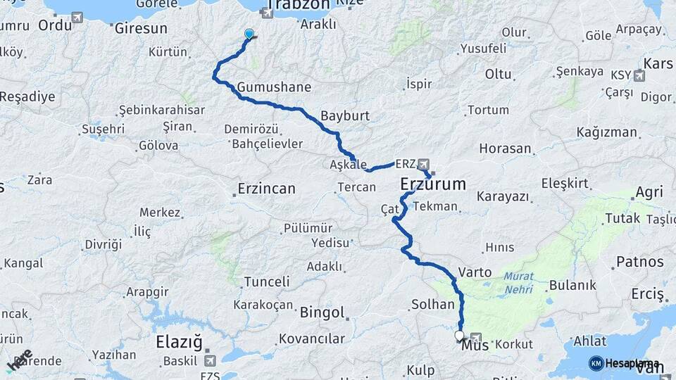 Trabzon Maçka Muş Arası Kaç Km - Yol Haritası