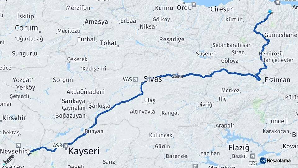 Trabzon Maçka Nevşehir Arası Kaç Km - Yol Haritası