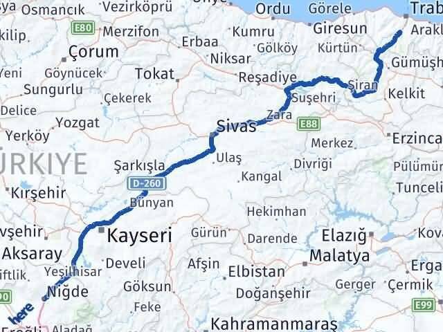 Trabzon Maçka Niğde Arası Kaç Km - Yol Haritası