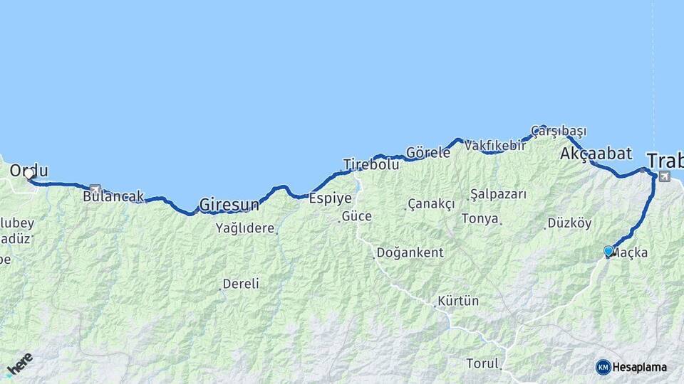 Trabzon Maçka Ordu Arası Kaç Km - Yol Haritası