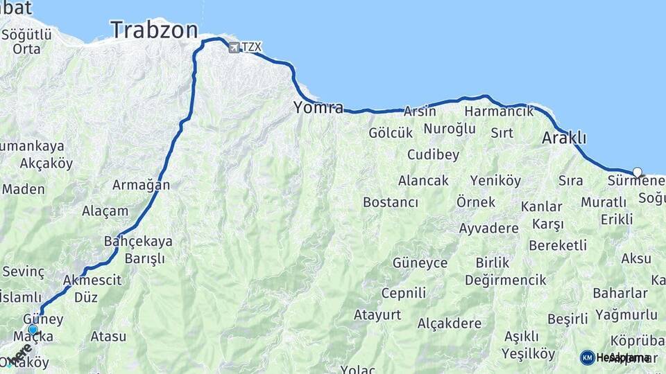Trabzon Maçka Sürmene Arası Kaç Km - Yol Haritası