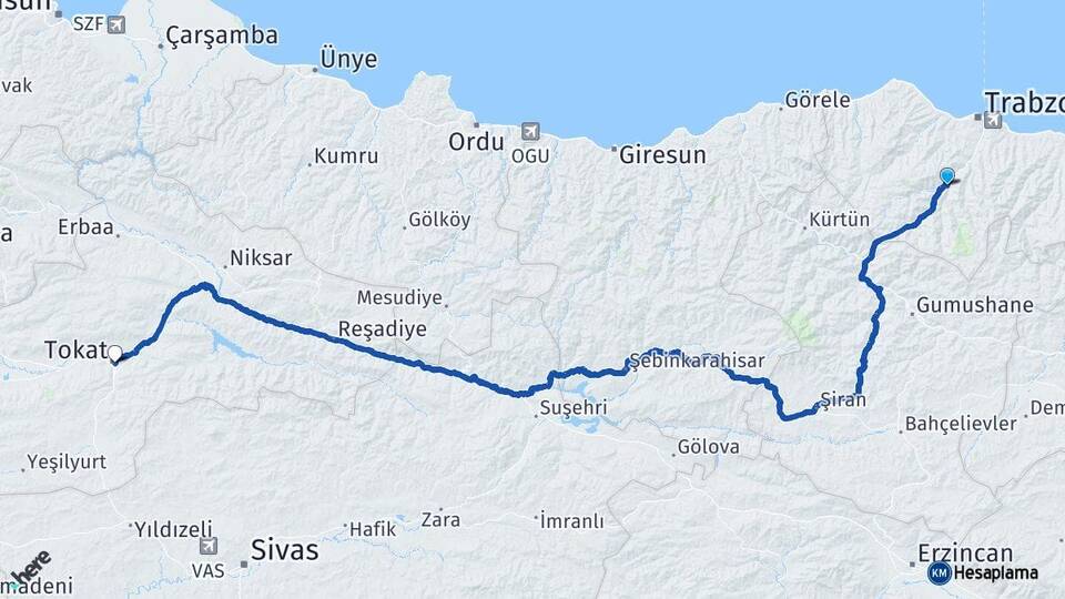 Trabzon Maçka Tokat Arası Kaç Km - Yol Haritası